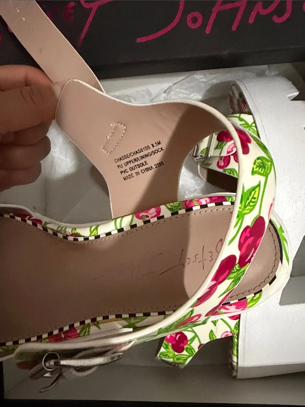 Betsey Johnson White Platform Sandals with Pink & Green Cherry Print